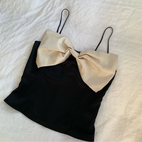Reformation Natalie Satin Silky Bow Ribbon Strapless Tube Cami Top Black Cream - Picture 5 of 8